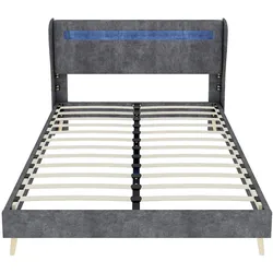 MODFU Polsterbett Stoff Grau 140x200 cm mit LED-Kopfteil, verstellbarer Rückenlehne und Metallrahmen