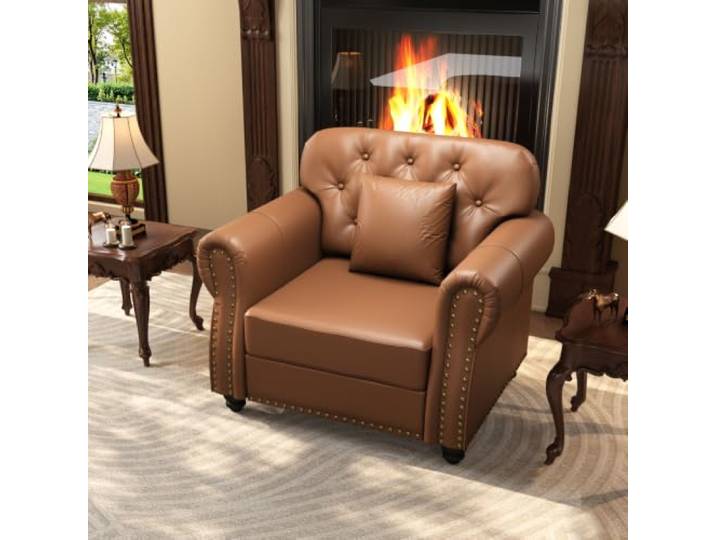 I0I&I0I Chesterfield Sofagarnitur mit Fußhocker, Kunstleder Sofa mit Federkern, Knopfheftung und Rollarmlehnen (Brown + PU + 1 Seat)
