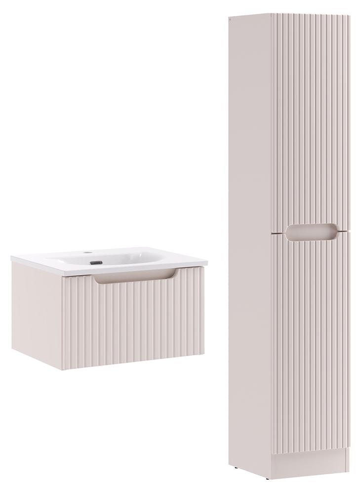Badmöbel-Set 2-teilig mit 50 cm Waschtisch in Beige, gerillte Front, geringe Tiefe - NEWPORT-56-CASHMERE