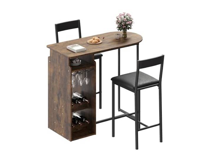 FairyLee 1+2 Barhochstuhl Set Mit Weinregal Glashalter Platzsparendes Esszimmer-Möbelset Vintage-Braun