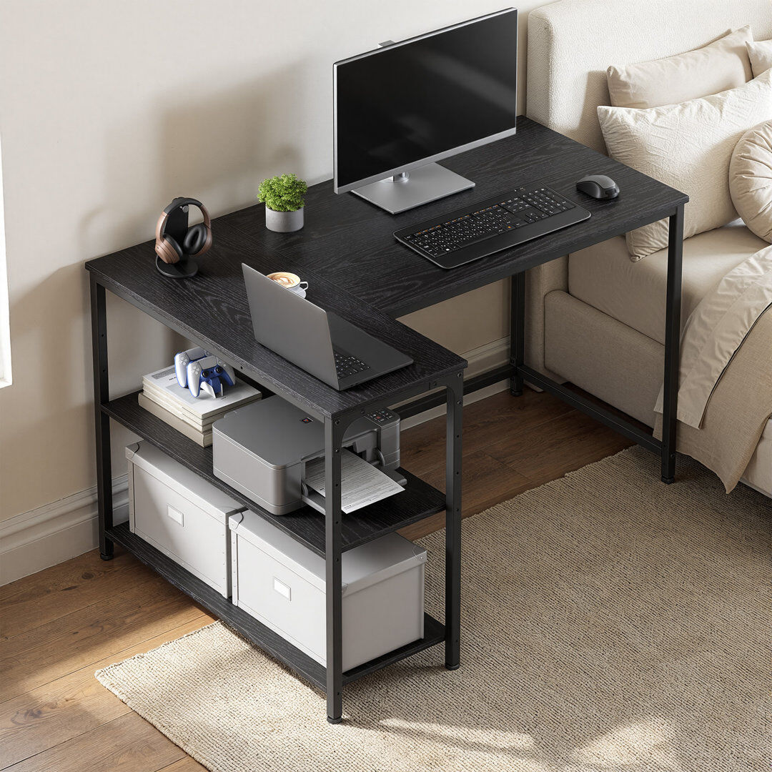 Inbox Zero Corner Computer Desk With Adjustable Storage Shelves Black 76cm H x 110cm W x 80cm D