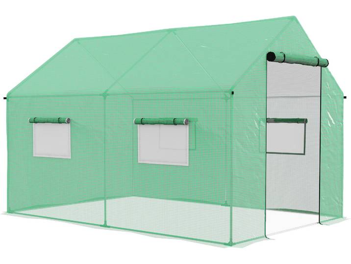 Outsunny Serre de jardin tunnel 2 x 3m\, 6m² avec porte enroulable\, 4 fenêtres\, - Acier galvanisé PE Haute densité Vert