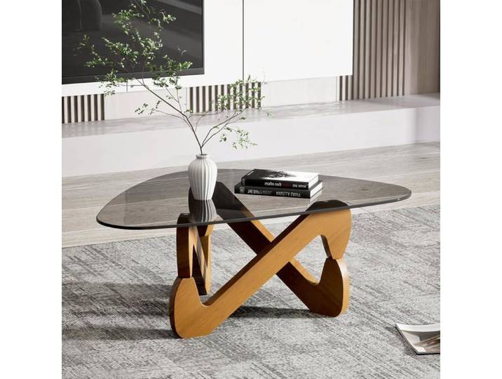 Table basse triangulaire bois massif et verre trempé 82 x 57 x 35 cm Gris