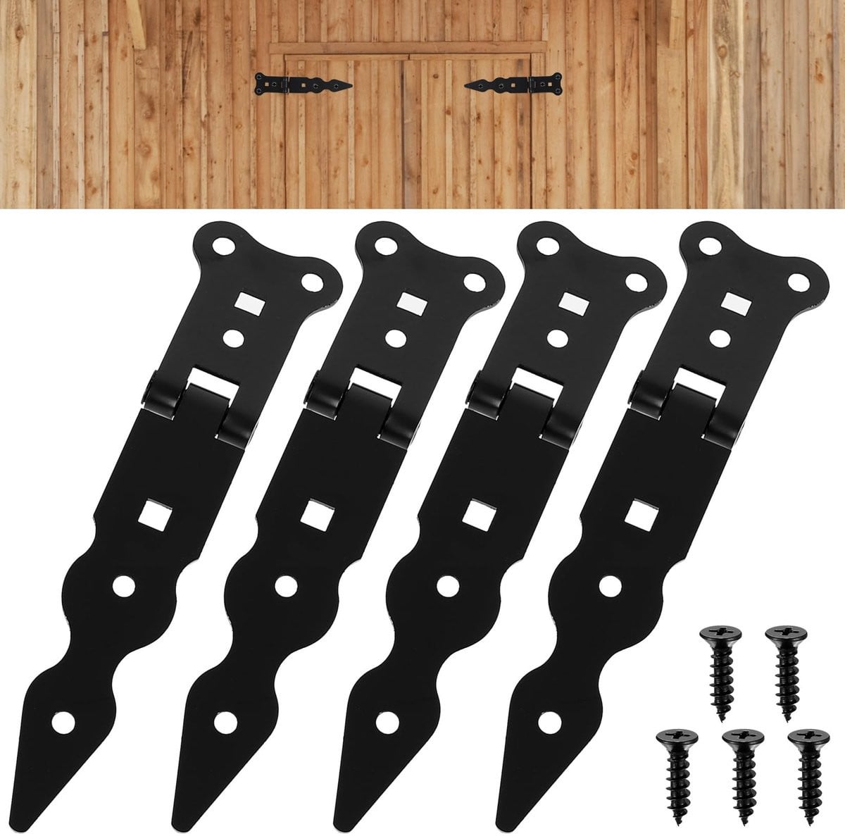 Set van 4 zwarte T-deurscharnieren voor poorten en ramen van staal, 155 mm