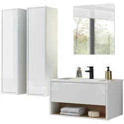 BADMÖBEL-SET weiß Hochglanz, Eiche mit Waschbecken und LED Beleuchtung 160 cm