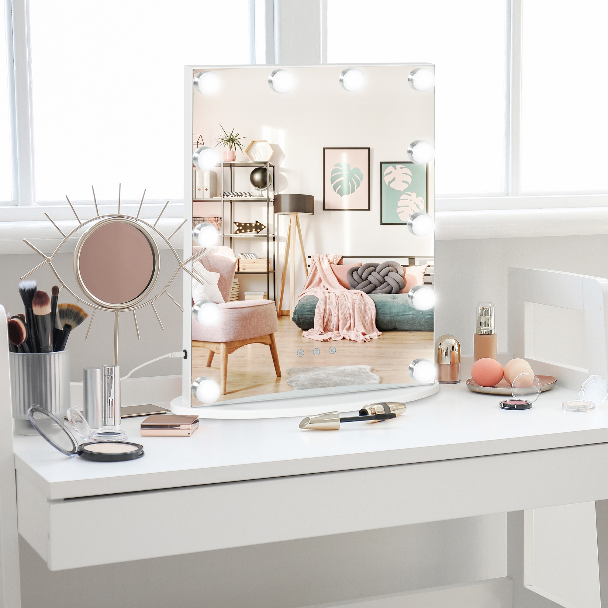 Homcom Specchio da trucco Hollywood con lampadine LED dimmerabili 3 colore di luce controllo a tocco bianco Aosom