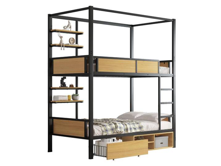 Modfu Etagenbett aus MDF und Metall 90x200 cm in Schwarz/Natur mit Stauraum, 90x200 cm, Babymöbel & Kindermöbel, Kinderzimmer & Jugendzimmer, Stockbetten