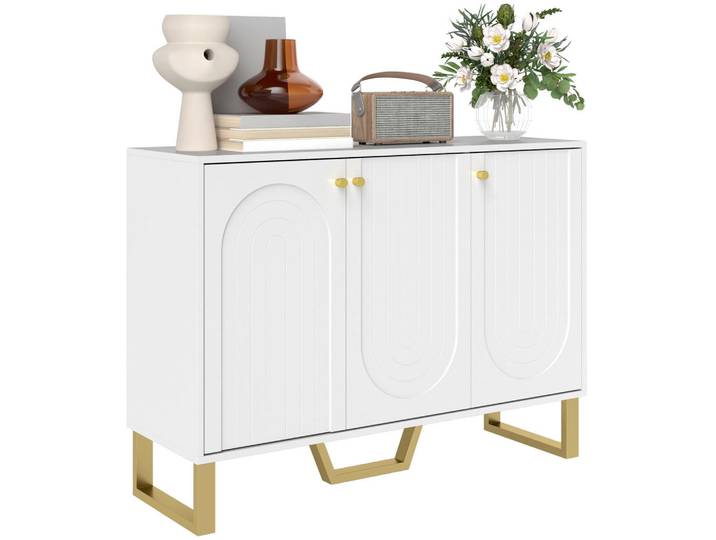 ComfortXL Sideboard De-11157 Gewölbte Türen & verstellbare Böden Weiß, 106.5x77.5x35 cm, Kleinmöbel, Kommoden, Sideboards