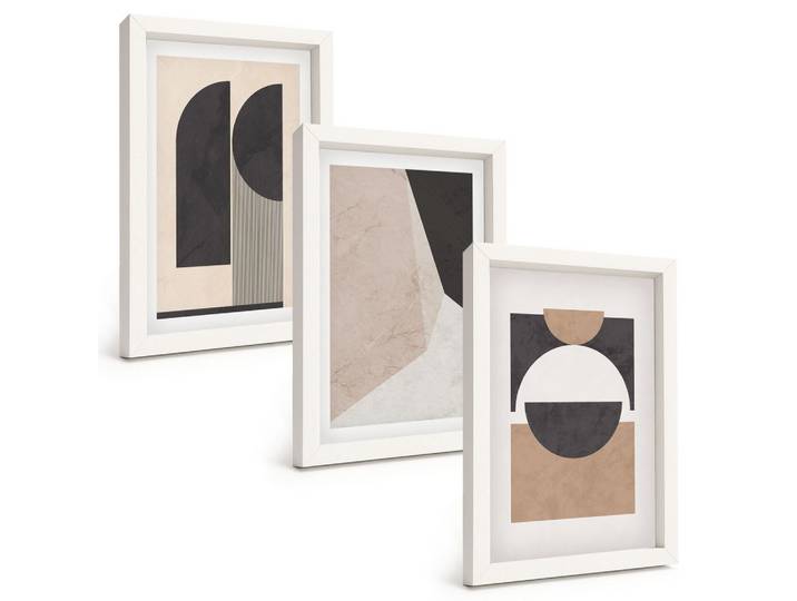 BILDER SET 3er Set - 20x30 cm Weißer Rahmen - Abstrakte Formen beige braun