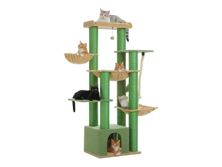 PAWZ Road krabpaal voor grote katten, stabiel met meerdere niveaus, hangmatmanden, krabpaal XXL 170 cm, 13 sisalpalen (φ11 cm), grote zitpaal, grotten, groen