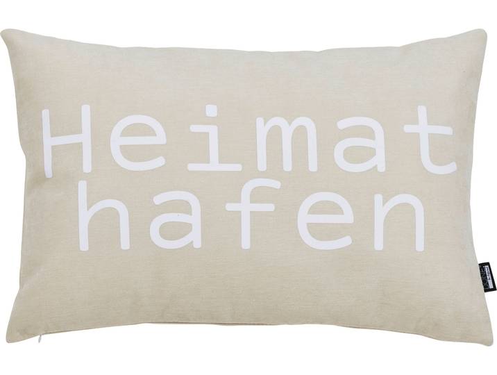 Dekokissen DONE. HEIMATHAFEN , beige (beige, weiß, schriftzug), B:40cm L:60cm, Polyester, Dekokissen_Sitzkissen_Kissenhüllen, Dekokissen, Extra weiche Haptik