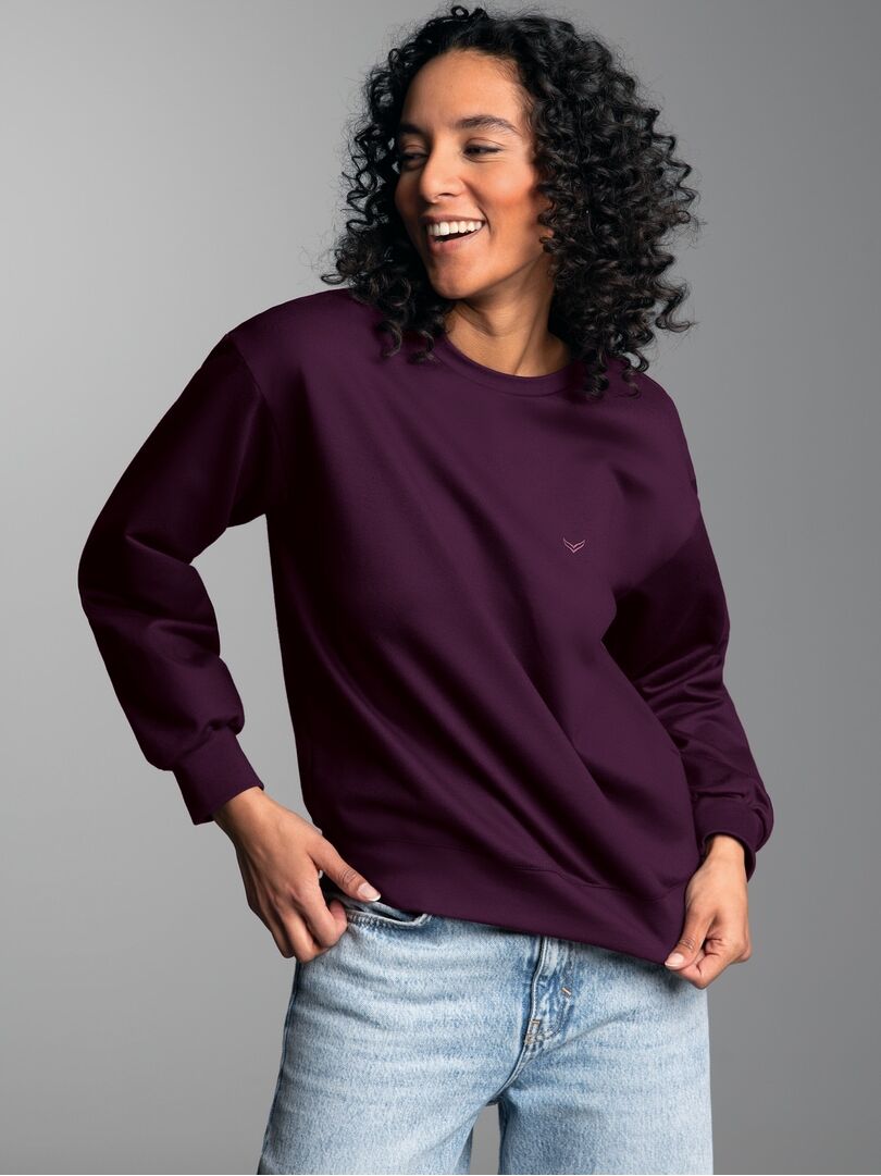 Sweatshirt TRIGEMA "TRIGEMA Dünnes Sweatshirt", Damen, Gr. XL, aubergine, Sweatware, 50% Baumwolle, 50% Polyester, Basic, Rundhals, Sweatshirts Sweatshirt