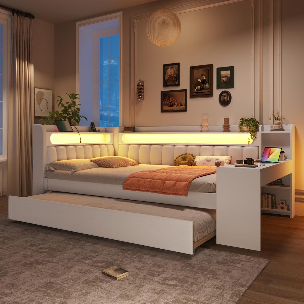 Weißes Tagesbett mit USB und LEDs, inklusive Ausziehbett und Schreibtisch, ideal für Jugendzimmer - Funktionalität vereint. Größe: 140x200 cm