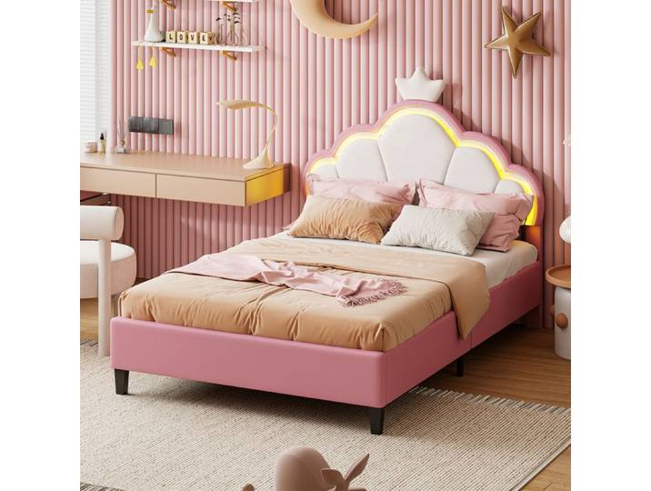 Lit enfant - HOFURNI - Lit princesse 90x200 - Velours rose - LED réglables - Couronne décorative
