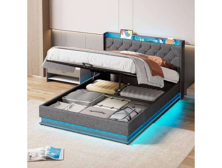 Xbro Polsterbett 140x200 mit Hydraulischem Stauraum, Steckdosen & LED-Ringlicht-Beleuchtung, Bettgestell mit Lattenrost und Bettkasten, Doppelbett für Schlafzimmer, modernem Design, Dunkelgrau