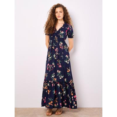 Maxikleid APRICOT "Maxikleid in Aquarelloptik", Damen, Gr. S (36), N-Gr, blau (navy), gewebt, Obermaterial: 100% Viskose CV., geblümt, normal, V-Ausschnitt, Puffärmel, Kleider Maxikleid, mit Smockdetails