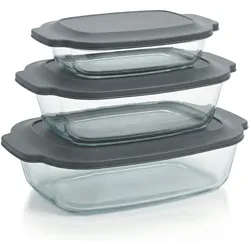 Arendo Auflaufformen aus Borosilikatglas, 3er-Set mit 2 l, 2,7 l und 3,8 l, inklusive Kunststoffdeckeln, rechteckig und stapelbar