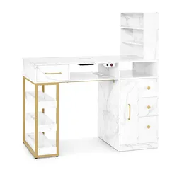 M MCombo Schminktisch mit 4 Schubladen, 2 Regalen, 5 Ablagen & 1 Auszugsschrank, Nageltisch mit Absaugung, 2 Staubsaugerbeuteln, Nagelstudio Tisch für Beautysalon, Marmor-Weiß Gold, 55x112x123cm, 2439