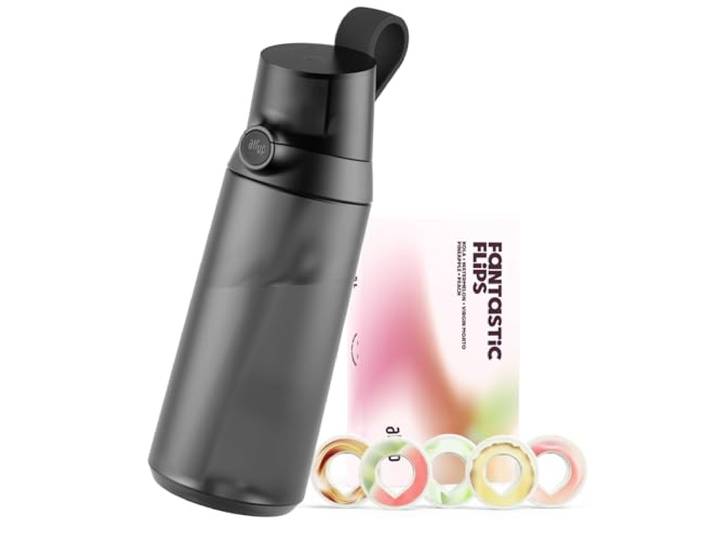 AIR UP® Trinkflasche Click Midnight Black Original Starterset mit Pods in 5 Geschmacksrichtungen 600ml Trinkflasche mit zuckerfreiem Geschmack spülmaschinenfest, BPA-frei