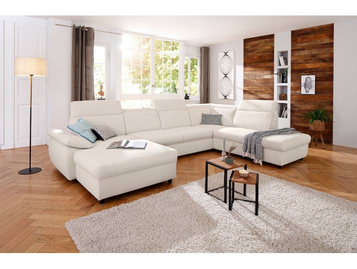 Wohnlandschaft, Struktur fein, Weiß, 354×232 cm, U-Form, Mit Bettfunktion & Stauraum, Klassisch, Home-affaire