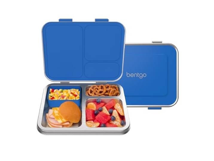 Bentgo Lunchbox für Kinder, Edelstahl, auslaufsicher, Bento-Stil, 3 Fächer, und Bonus-Silikon-Behälter für Mahlzeiten unterwegs, umweltfreundlich, spülmaschinenfest, BPA-frei (Blau)