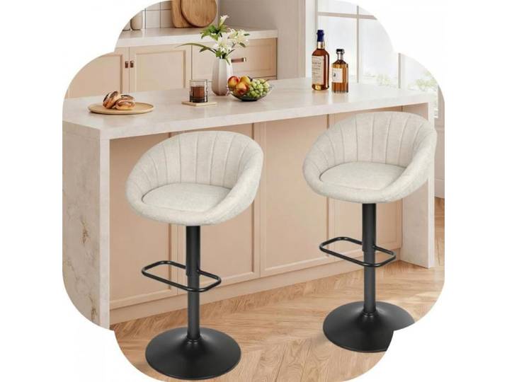 Lot de 2 Tabourets de bar avec dossier-MENGDA-Réglable en hauteur-Avec pieds en métal-Rotation à 360°-Beige