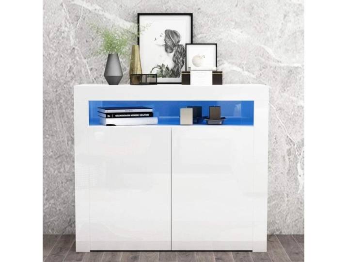 BLANC Buffet Bas - Armoire de rangement avec corps mat et façade haute brillance ( 2 portes)