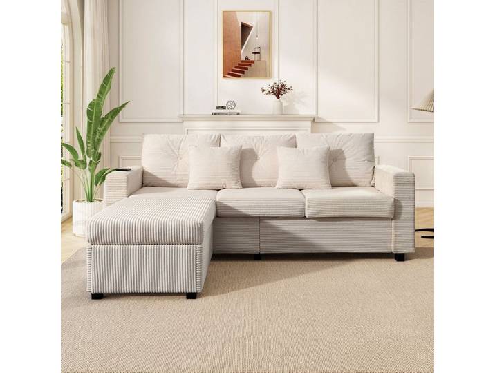 Canapé dangle convertible 3 places Ensemble de canapés LED modernes repose-pieds amovible et Oreiller velours côtelé beige