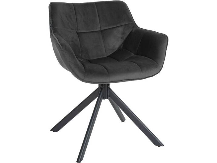 Chaise de salle a manger fauteuil lounge rotatif en velours gris fonce cadre metallique noir BUR10675
