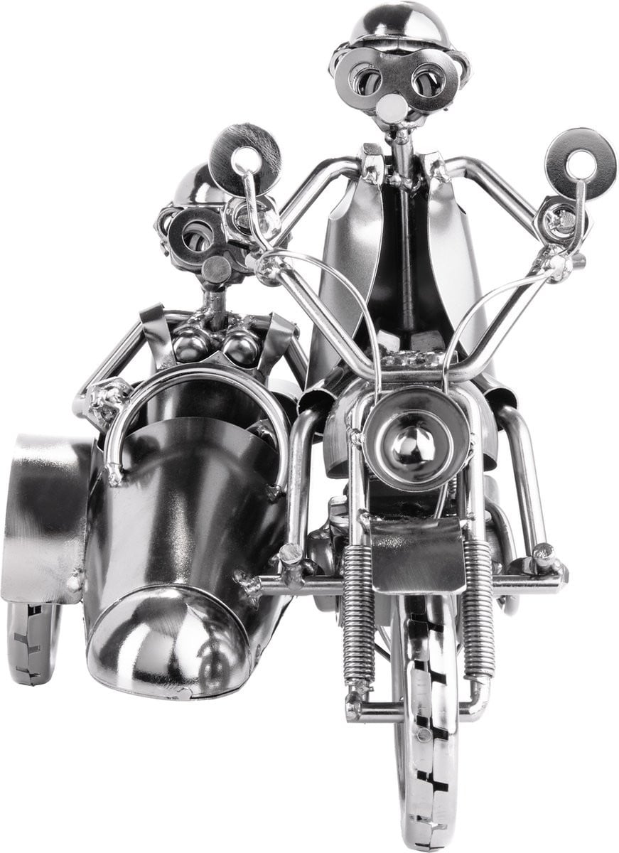 Brubaker Handgemaakte Metalen Motorfiets met Zijspan en Man - IJzeren Decoratief Figuur - 23 cm