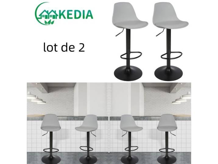 Lot de 2 tabourets de bar en cuir synthétique gris KEDIA - Réglables en hauteur et pivotants à 360°