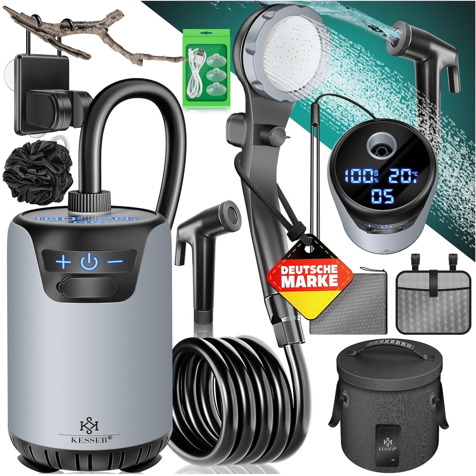 KESSER® Campingdusche Solardusche mit Pumpe & wiederaufladbarem Akku 8000mAh Mobile Dusche Camping Dusche Set inkl. einstellbarem Duschkopf, 2m Schlauch, Sprühpistole & Halterung