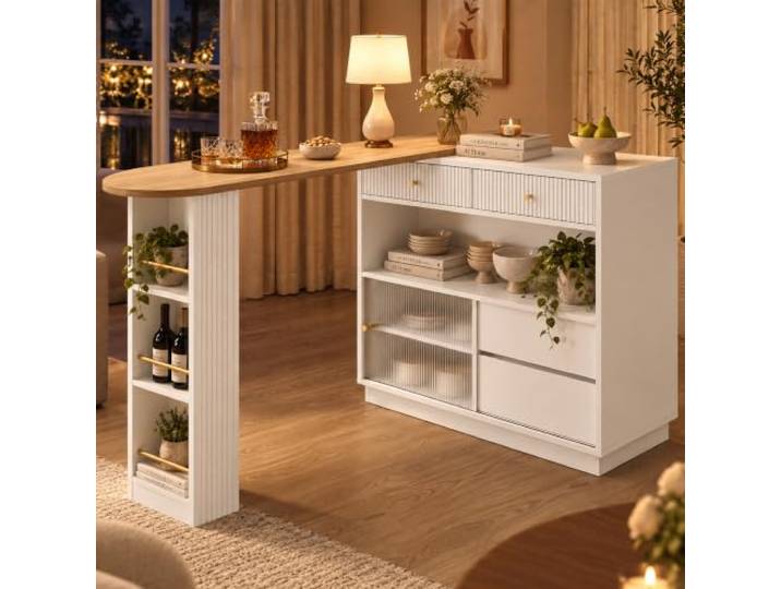 Ausziehbarer Bartisch mit Stauraum,Moderner Beweglicher Bar Table, Stehtisch, Bistrotisch,Hochtisch, Bistro Table,Großer Stauraum,Mit farbigem LED-Streifen, 360°-Drehung, Weiß