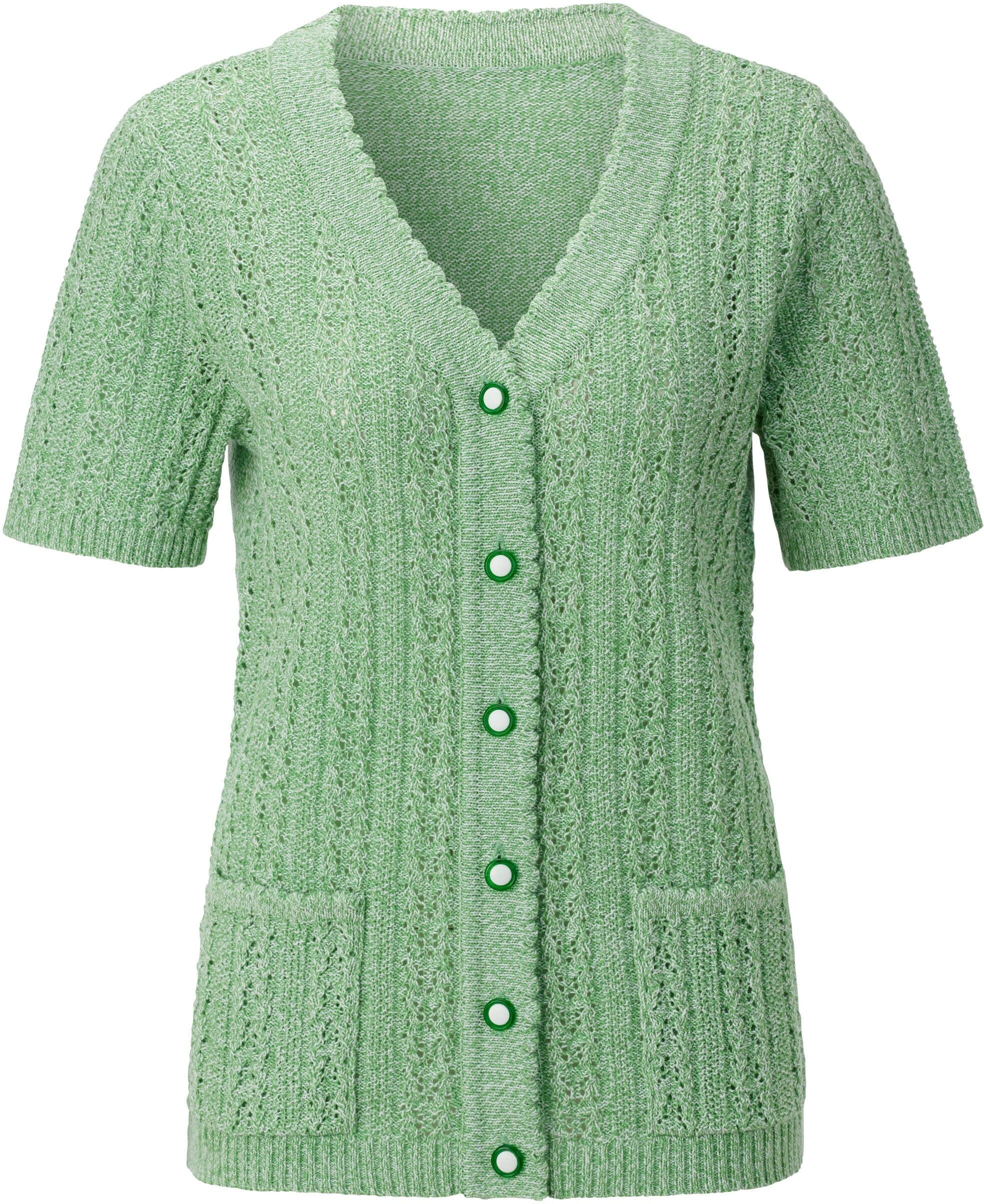 Strickjacke WITT "Strickjacke Ajourstrickjacke mit Taschen, aufgesetzt", Damen, Gr. 38, grün (apfel, ecru, meliert), Basic, V-Ausschnitt, Strickjacken Strickjacke