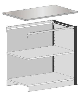Schulte Lagertechnik Endmodul für erweiterbares Thekensystem MULTIplus, 1 Modulrahmen, 1 Abschlussblende, Breite Aufsatz 1056 mm, mit Arbeitsplatte