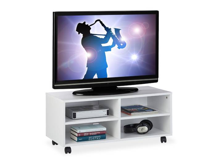 TV Board mit 4 Fächern rollbar Weiss