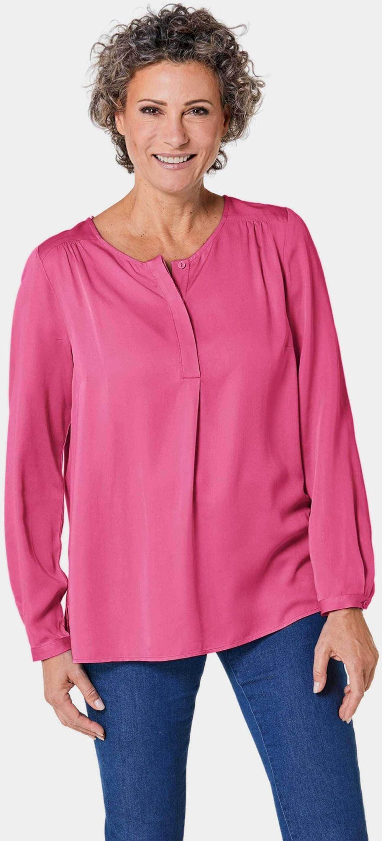 Schlupfbluse GOLDNER "Figurschmeichelnde Schlupfbluse mit modischer Kragenverarbeitung", Damen, Gr. 40, pink (kamelie), Obermaterial: 100% Viskose CV., figurumspielend, eng 1-Knopf-Manschette, Blusen Schlupfbluse, mit Schulterpasse und Kräuselungen