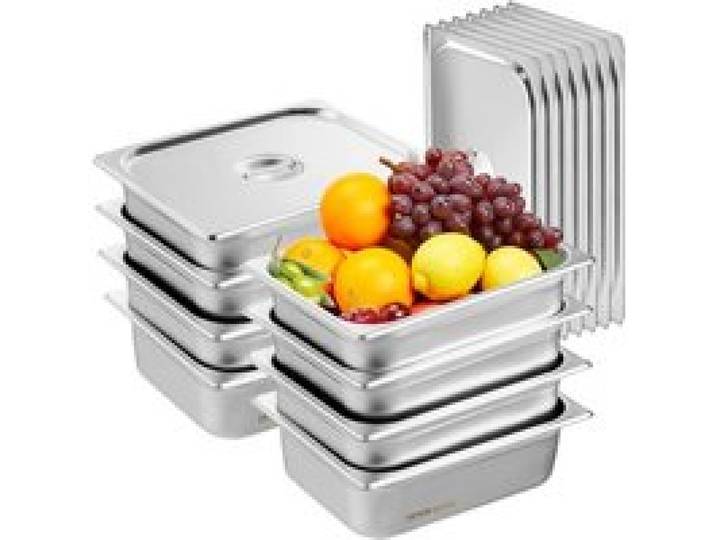 VEVOR Bac Gastronorme GN 1/2 Lot de 8, Récipient Inox pour Bain-marie 0,8 mm d'Épaisseur, Bac Inox Alimentaire avec Couvercle 10,2 cm de Profondeur, pour Chauffe-plats, Réfrigérateurs, Restauration