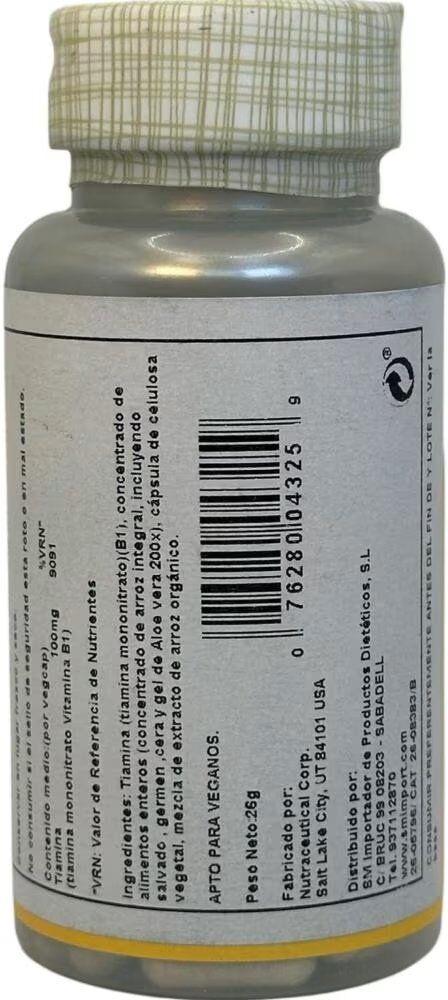 Solaray Vitamina B1 Tiamina Monohidrato 100mg - 100 Cápsulas Talla Única Unisex