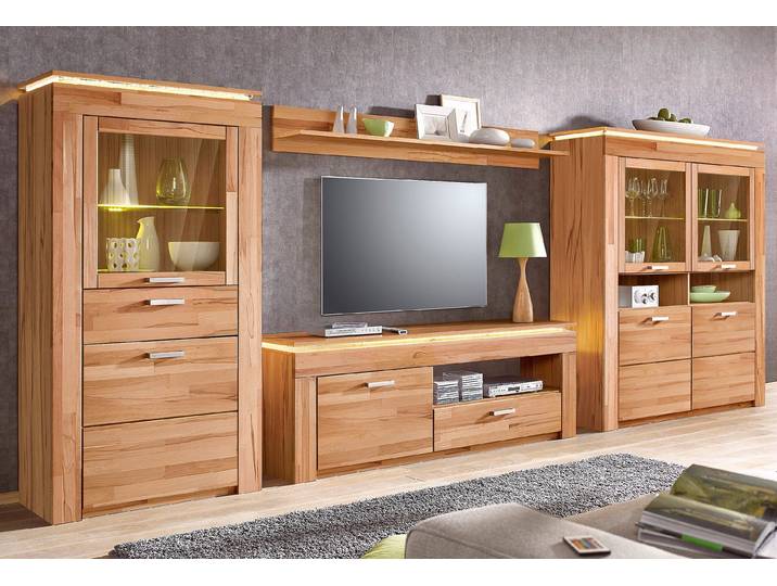 Wohnwand VOGL MÖBELFABRIK, beige (kernbuche teilmassiv), Kastenmöbel-Sets, Wohnwand, Set 4 tlg. besteht aus 2 Vitrinen, 1 Lowboard und 1 Wandregal