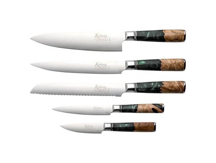 Katana Saya Elements 6-teiliges Messerblock-Set, Regenwaldgrün – VG-10-Damaststahl mit hohem Kohlenstoffgehalt für extreme Robustheit und Schärfe – Griff aus natürlichem Olivenholz und Harz