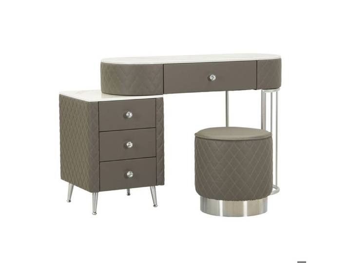 Coiffeuse Sharon grise avec pouf pieds argentés - Réf. VK8681847407836