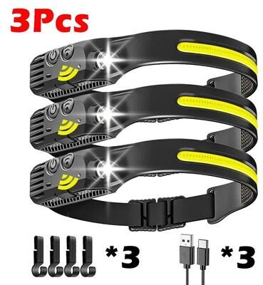Uplifted Finds Panoramic COB LED 5 Mode Motion Sensor Rechargeable Headlamp 3 Pcs With Hooks