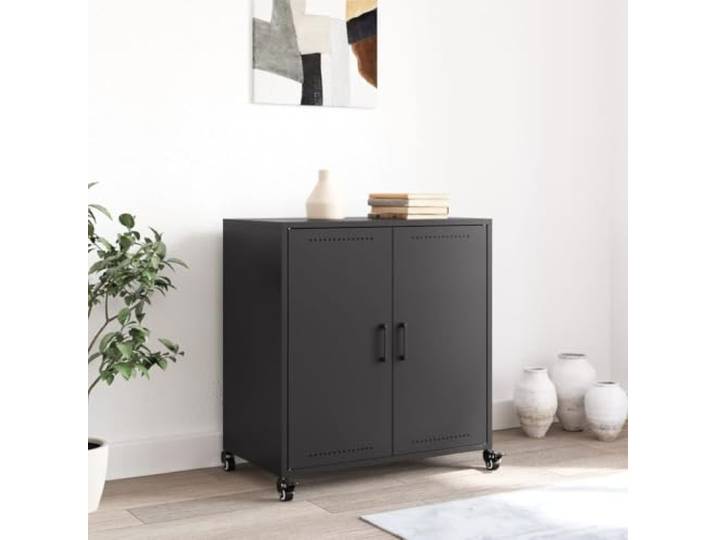 KTHLBRH Sideboard schwarz 68 x 39 x 72 cm kaltgewalzter Stahl 2 Türen, 4 Rollen, leicht zu bewegen, viel Platz für Zeitschriften und Bücher