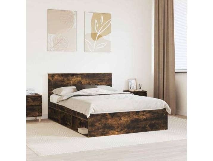 RJPLMFV Bettgestell, Raucheiche, 140 x 200 cm, Holz Kopfteil inklusive, feste Latten, minimalistischer Stil, pflegeleicht