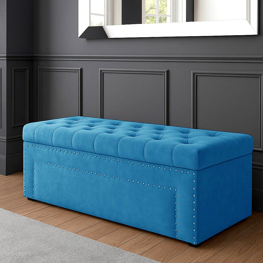 R&M Furnishers Duke Ottoman Storage Box - Chesterfield Upholstered Blanket Box - Plush Velvet Ottoman Bench with Storage Duck Egg H43 x W120 x D40cm