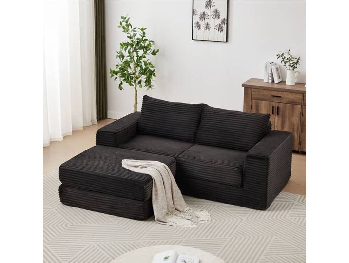 WOVREO canapé-lit 2-en-1 2 places modulable réversible avec pouf amovible en velours côtelé noir