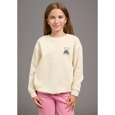 Sweatshirt KIDSWORLD "Modisches Sweatshirt mit Bär-Stickerei", Mädchen, Gr. 152/158, beige, angeraute Sweatware, Obermaterial: 100% Baumwolle, bestickt, bequem hüftlang, Rundhals, Rippbündchen, Sweatshirts Sweatshirt, Sweat mit süßem Bär, kuschelig...