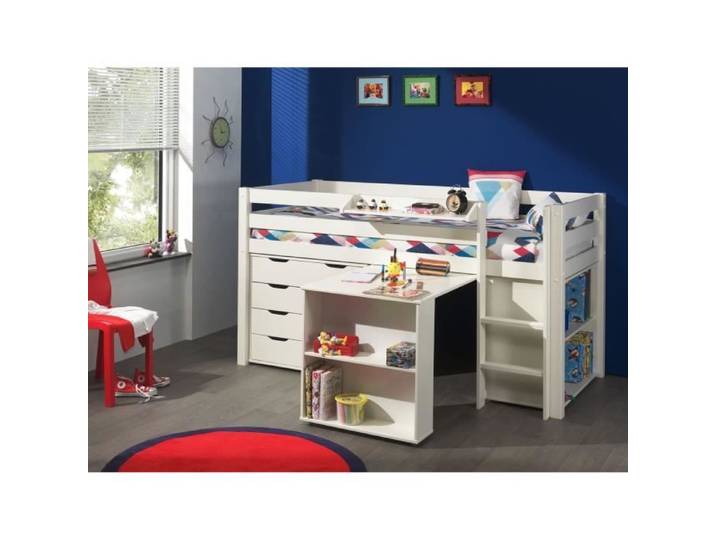 Lit mezzanine 90x200 cm + bureau + bibliothèque + commode - PINO - Blanc - Avec tiroirs - Bois massif