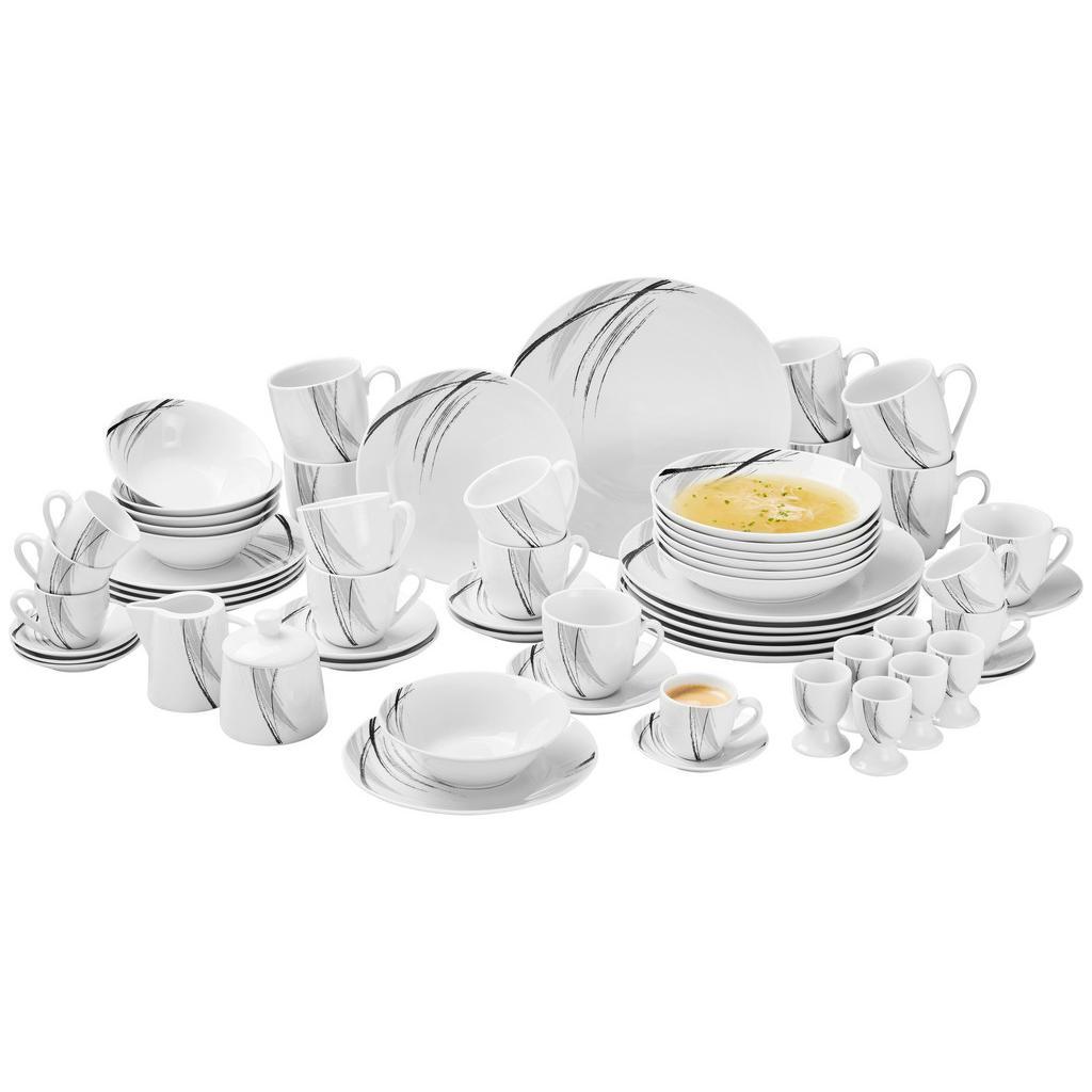 Novel Kombiservice , Grau, Schwarz, Weiss , Keramik , 62-teilig , Streifen , 190 ml,190 ml,220 ml,270 ml,90 ml,420 ml,430 ml , Lfgb , lebensmittelecht , Geschirr, Geschirr-Sets, Kombiservice